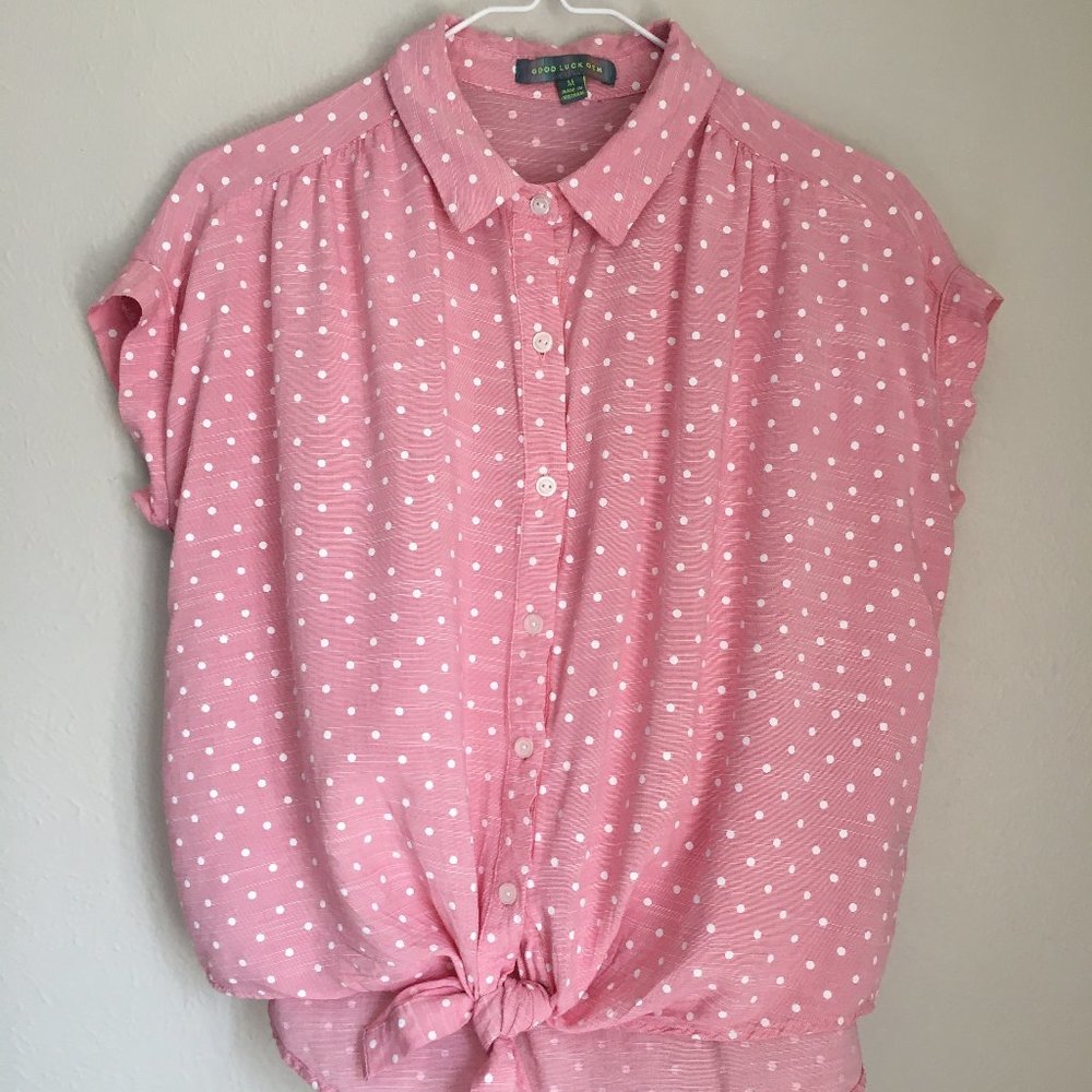 Good Luck Gem Pink White Polka Dot Boxy Blouse M
